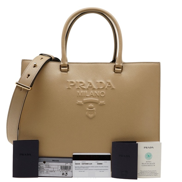 Prada Saffiano Lux Shoulder Bag Beige Leather Embossed Logo 1BA335 New - Picture 4 of 7